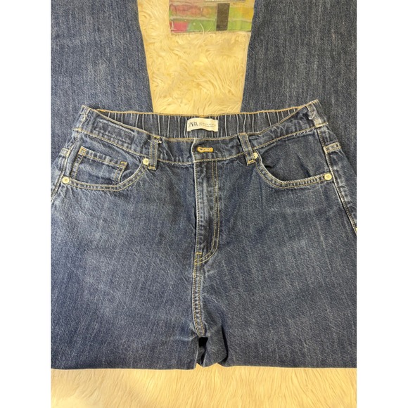 Zara Denim - Zara Womens Dark Wash Elastic Waist Straight Leg Jeans Blue Denim Size 8